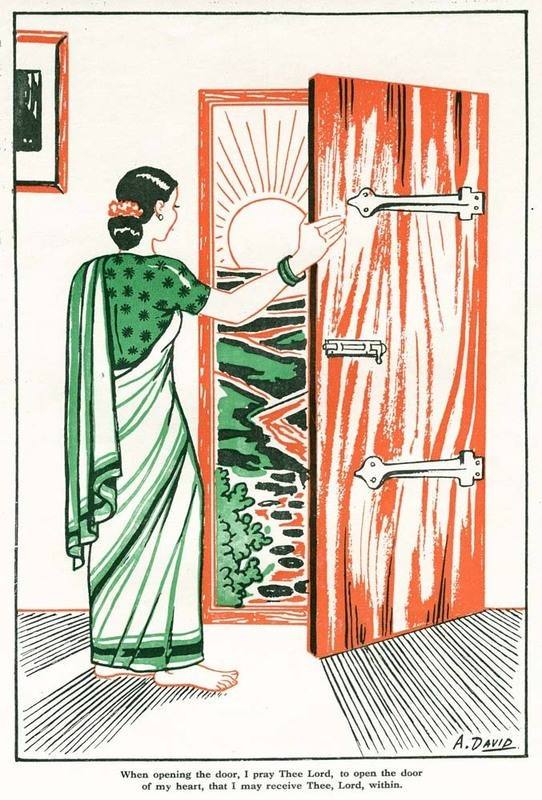 "When opening the door, I pray Thee Lord, to open the door of my heart, that I may receive Thee, Lord, within." For several decades in the 20th century, the Christian Home Committee of the National Christian Council of India was devoted to strengthening the Christian ideas of family life among believers of the subcontinent. Beginning in the early 1940s and influenced by a similar program in China, the committee sponsored an annual, week-long Christian Home Festival. Among other activities, the committee distributed simple and colorful handbills and posters that could be hung around the home and church for daily worship and Bible study. None of the handbills are dated but were likely printed between the 1940s to the 1960s.