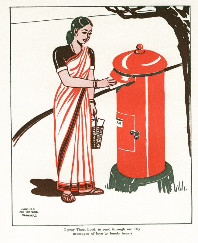 "I pray Thee, Lord, to send through me Thy messages of love to lonely hearts." For several decades in the 20th century, the Christian Home Committee of the National Christian Council of India was devoted to strengthening the Christian ideas of family life among believers of the subcontinent. Beginning in the early 1940s and influenced by a similar program in China, the committee sponsored an annual, week-long Christian Home Festival. Among other activities, the committee distributed simple and colorful handbills and posters that could be hung around the home and church for daily worship and Bible study. None of the handbills are dated but were likely printed between the 1940s to the 1960s.