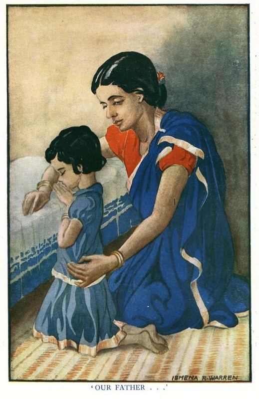 Poster of a scene of a mother praying with her daughter before bed. For several decades in the 20th century, the Christian Home Committee of the National Christian Council of India was devoted to strengthening the Christian ideas of family life among believers of the subcontinent. Beginning in the early 1940s and influenced by a similar program in China, the committee sponsored an annual, week-long Christian Home Festival. Among other activities, the committee distributed simple and colorful handbills and posters that could be hung around the home and church for daily worship and Bible study. None of the handbills are dated but were likely printed between the 1940s to the 1960s.