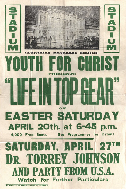 Large poster with green text advertising Youth for Christ event in Liverpool on Easter Sunday with sketch of the Liverpool Stadium.