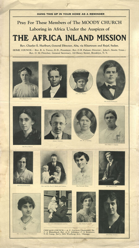 Poster with the names and photos of the sixteen missionaries of the Africa Inland Mission who were supported by Moody Church of Chicago. Sometime between 1911 and 1925.