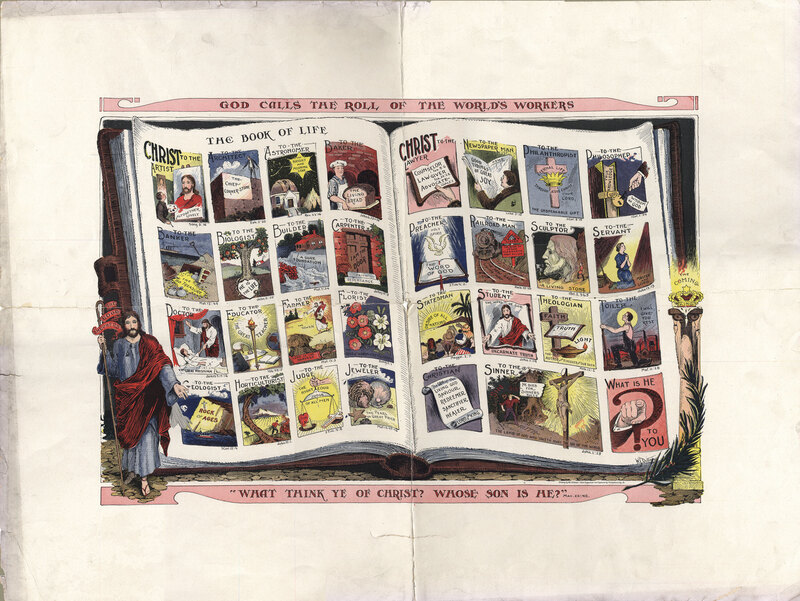 "God Calls the Roll of the World's Workers." Undated. Poster illustrating Christ's appeal to people in different occupations. Dimensions: 18" x 24".