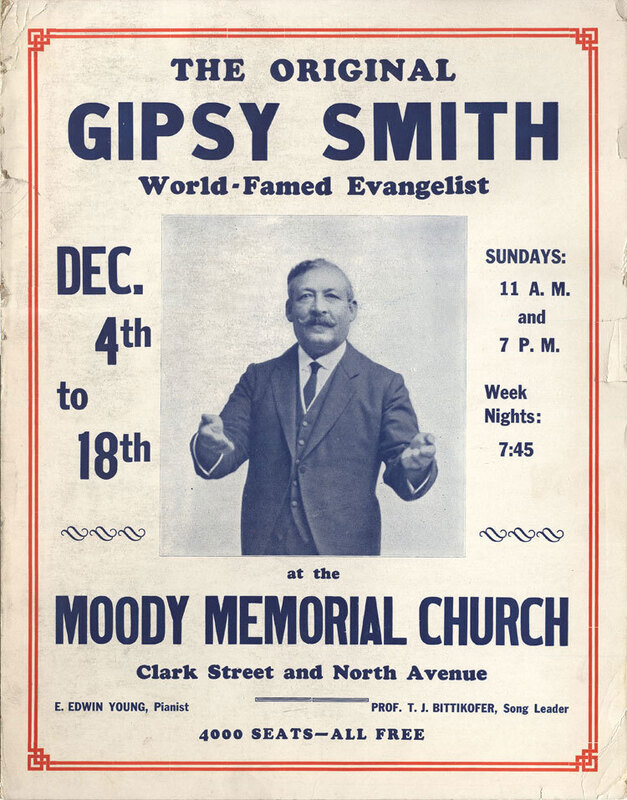 Poster with blue text and red border advertising evangelistic meeting of Gipsy Smith. Includes photograph of Smith with hands outstretched. 