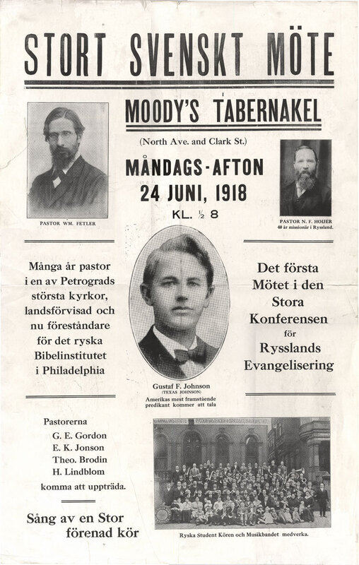 Black and white poster with Swedish text and photographs of evangelists