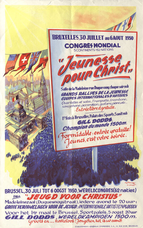 Poster in French and Flemish for the 1950 International Congress of Youth for Christ, held in Paris, France. YFC had started in the United States in the mid-1940s to reach teenagers and young adults. By 1950, YFC clubs and organizations had been started in many countries.
