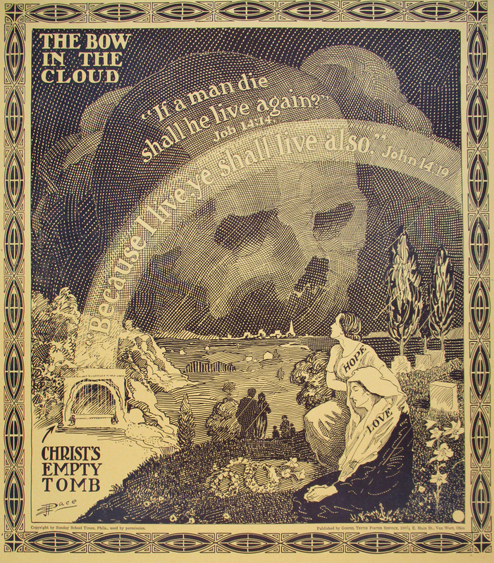 "The Bow in the Cloud," 1932. With a rainbow arching out of Christ's tomb in the face of a looming skull, this cartoon dramatically illustrates the hope of Christianity in the face of death and despair. A message likely poignant to an audience in the grip of some of the worst years of the Great Depression. This poster illustrated the lesson for March 27. Dimensions: 16-1/2" x 19-3/16".