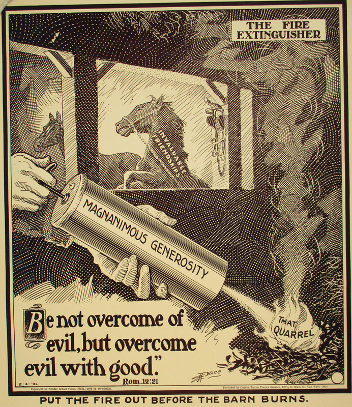 "Put Out the Fire Before the Barn Burns," 1932. This poster illustrated the lesson for April 24. Dimensions: 16-1/2" x 19-3/16".