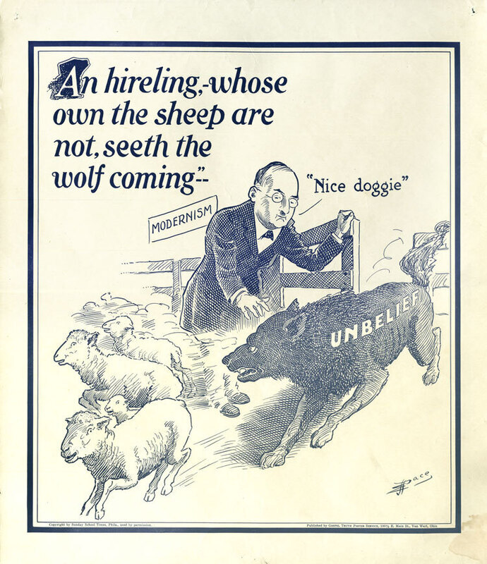 "An hireling, whose own the sheep are not, seeth the wolf come..." 1932. This was one of many cartoons by Pace to illustrate the theme that modernism, especially as it related to a liberal interpretation of Scripture, was one of the major ills of American Christianity. This poster illustrated the lesson for February 21. Dimensions: 16-1/2 " x 19-5/16".