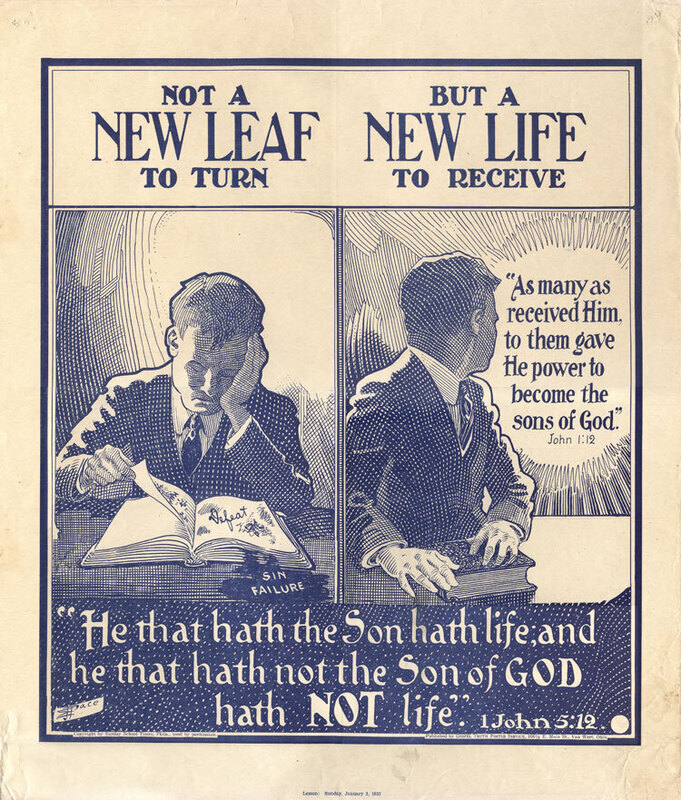 "Not a NEW LEAF to Turn," 1932. This poster illustrated the Sunday School lesson for January 3. Dimensions: 16-1/2" x 19-5/16".
