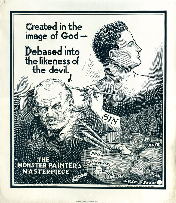 "The Monster Painter's Masterpiece." 1932. This poster illustrated the lesson for April 10. Dimensions: 16-1/2" x 19-3/16".