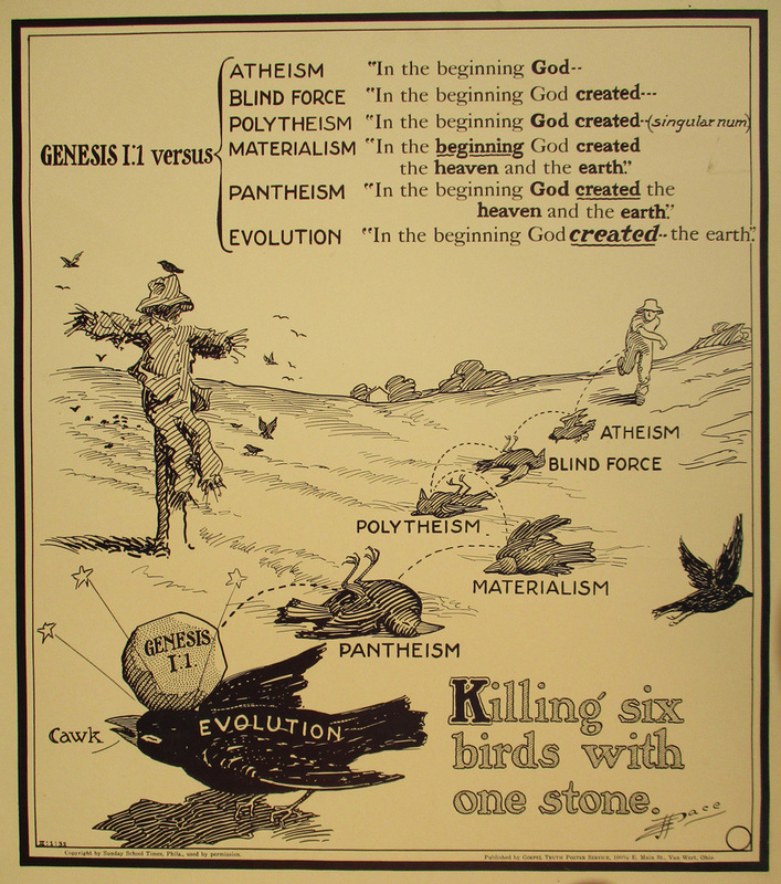 "Killing six birds with one stone," 1932. This was one of many cartoons by Pace defending fundamentalist views of scripture in the face of the modernist-fundamentalist debates of the 1920s and 1930s. This poster illustrated the lesson for April 3. Dimensions: 16-1/2" x 19-3/16".