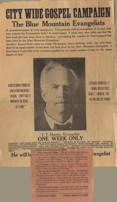 Large poster with black text advertising gospel campaign for Blue Mountain Evangelists with large center black and white photograph of T. T. Martin.