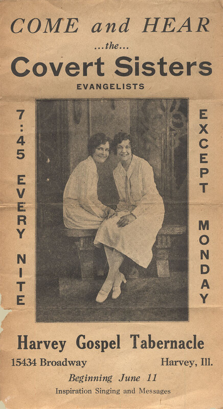 Black and white poster advertising evangelists meetings for the Covert Sister with large portrait of sisters in dressed in white.