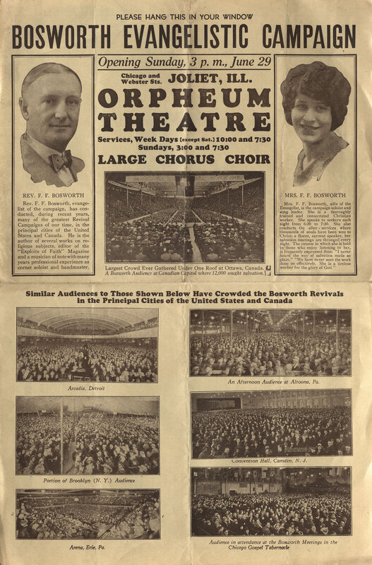 Large poster with black text advertising Bosworth Evangelistic campaign with black and white photographs of Mr. and Mrs. F. F. Bosworth, as well as crowd shots from past revivals.