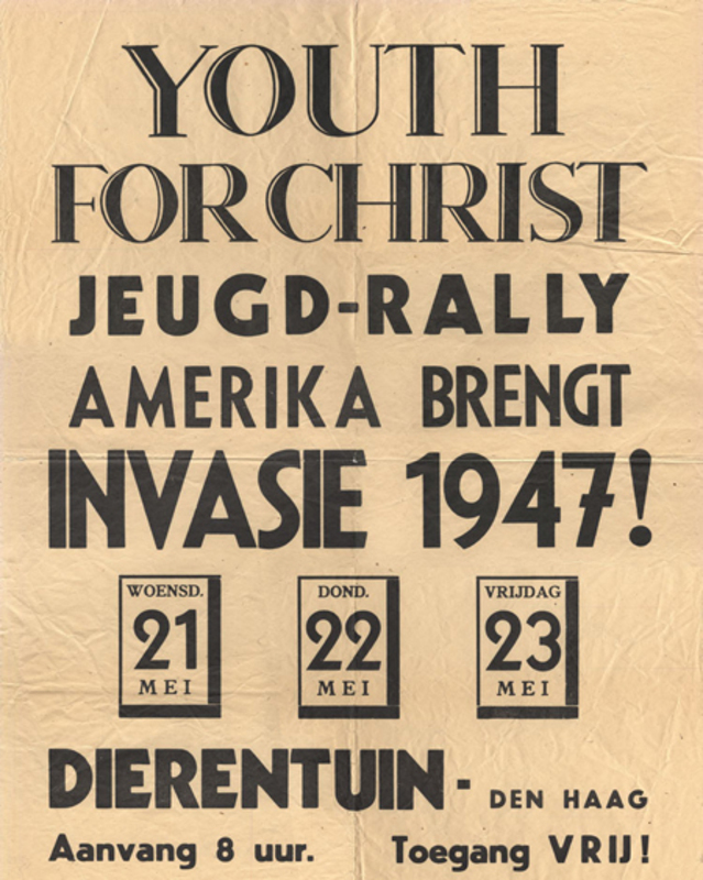 Large poster with block black test in Dutch advertising dates for speakers from American Youth for Christ group.