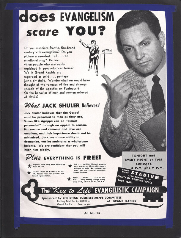 Large poster advertising an evangelism meeting with Jack Shuler with black and white photograph of Jack Shuler.
