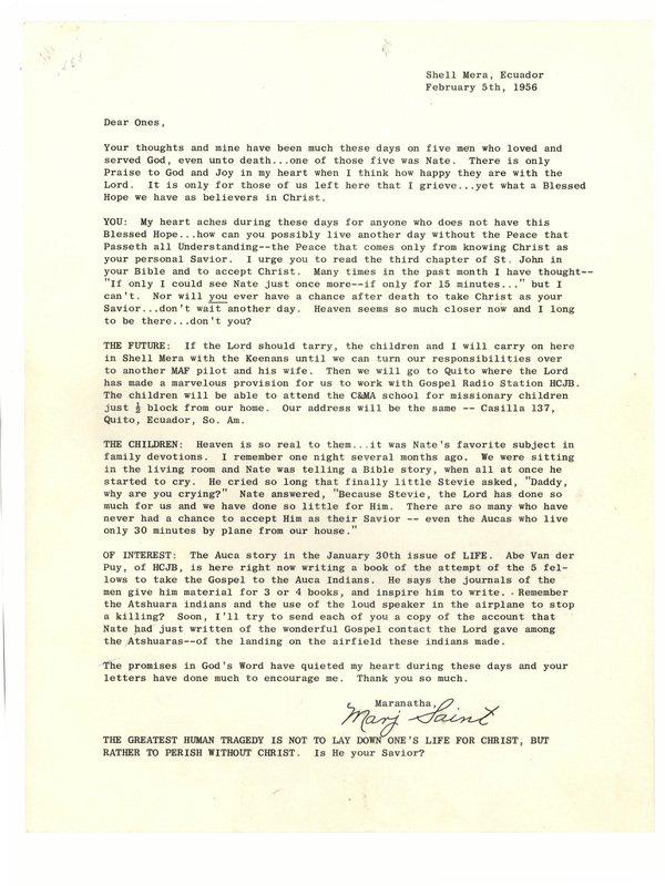 Letter from Marj Saint to family, friends, and other supporters with an update on her future plans, including a transfer to Quito to work with HCJB, as well comments on the recent publication of the "Auca story" in <i>LIFE</i> Magazine. 
