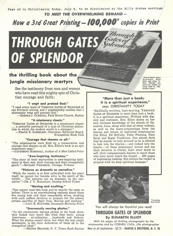 Ad layout and copy for third printing of <i>Through Gates of Splendor</i>, with note "Page ad in <i>Christianity Today</i>, July 8, to be distributed at the Billy Graham meetings."