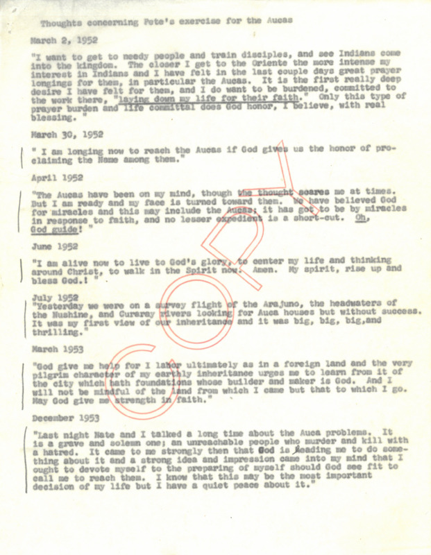 Eight typed excerpts from the diary of Peter Fleming featuring his written desire to reach the Waorani with the gospel and the development of plans to contact the Waorani. Entries began in March 1952 and end in October with Nate Saint's first sighting of the Waorani settlement that the missionaries named "Terminal City."