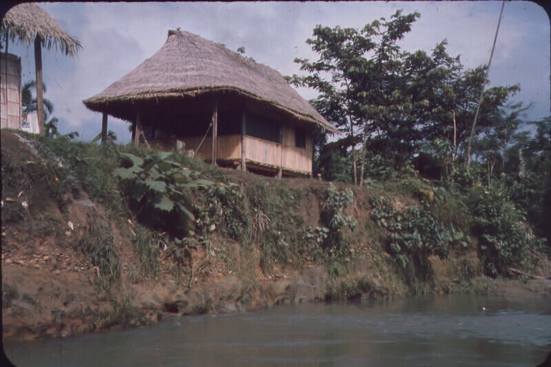 House near river at Shandia mission station, home to Elisabeth and Valerie Elliot for two years after they left the community at Tewæno. Color slide, 1x1 in.