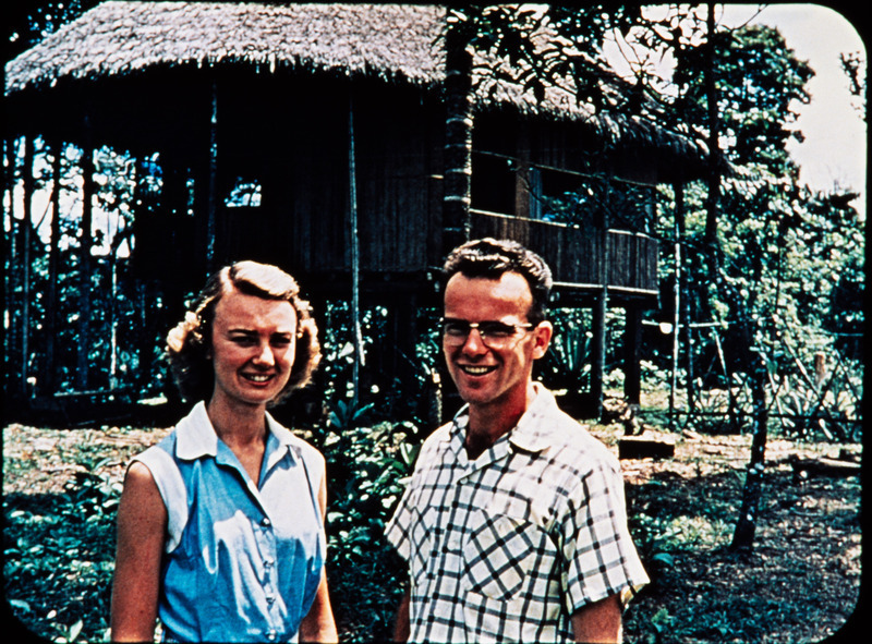 Image of Olive and Peter Fleming at the mission station in Puyupungu, c. 1955. Frame from <i>Mid-Century Martyrs</i> filmstrip developed by HCJB, Mission Aviation Fellowship, and the five widows in 1956.