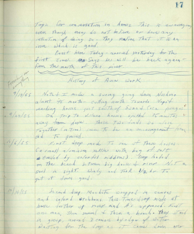 Journal titled, “A Record,” kept by Ed McCully from the time he sailed to Ecuador until shortly before he left to help set up the camp on Palm Beach. There are relatively few entries, only 41 pages in the front and three additional pages (200, 298, 299). The bulk of the entries (pages 17 through 41) cover McCully’s descriptions of his flights with Nate Saint (and sometimes Jim Elliot) over the collection of Waorani huts that Saint had discovered; also described is their use of the bucket drop and other means to establish contact. Five pages from an account book, green, lined paper written with blue ink, December 10, 1952 through December 16, 1955.