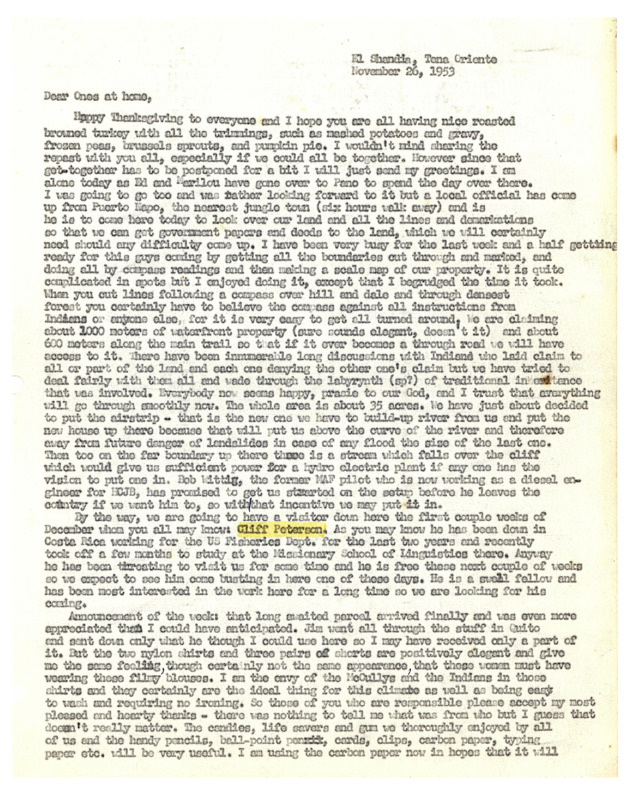 Letter from Peter Fleming to his family in the United States, November 26, 1953, describing his current activities preparing the Shandia site for purchase as a mission station and catching up on his correspondence, as well as responding to reports of the activities of other family members. Paper, typed, 8-1/2" x 11", 2 pages. 