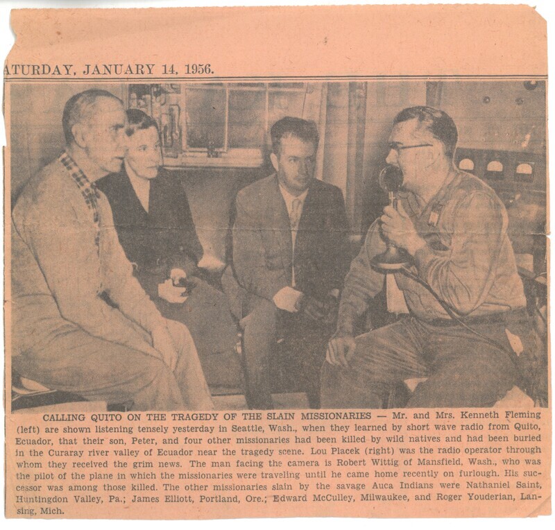 Clipping from the <i>Kansas City Tribune</i> (January 14, 1956) featuring photograph of Mr. and Mrs. Kenneth Fleming with radio operator Lou Placek receiving the report of the death of their son Peter Fleming via short wave radio from Quito, Ecuador.