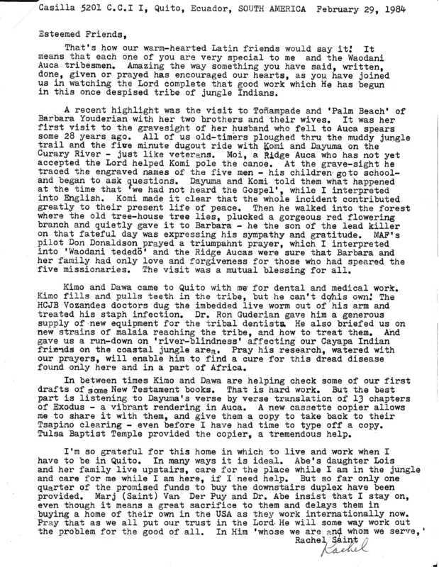 Prayer letter from Rachel Saint to friends and supporters, February 1984. Letter describes recent visit from Barbara Youderian to the new Waorani settlement at Toñampade and "Palm Beach," along with updates on Quemo (Kimo), Dawa, and the ongoing translation work with Dayuma.