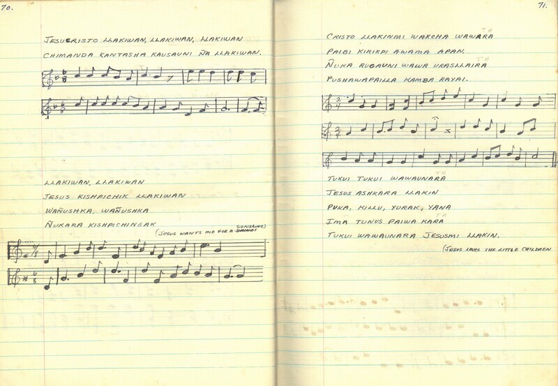 Two pages from Olive Fleming's notebook of Christian hymns in Quichua copied and developed by her and her husband Peter Fleming during language studies in Quito, Shandia, and Puyupungu, c. 1954-1955. 