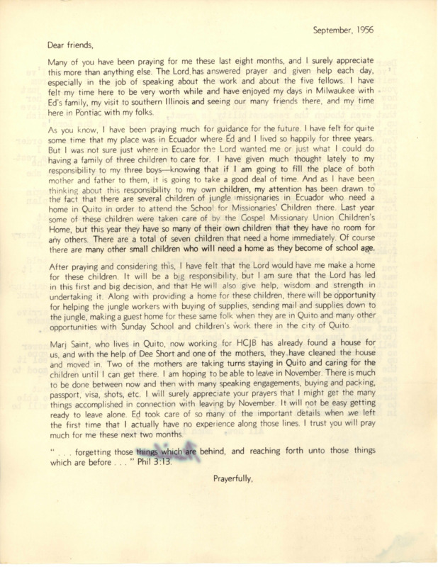 Prayer letter from Marilou McCully, September 1956, describing her plans to return to Quito, Ecuador to help run a small home for the children of missionaries. Accompanying the letter is a typed note to Fred and Clara Elliot (parents of Jim Elliot).