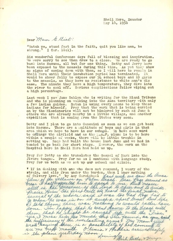 Letter from Barbara Youderian to Fred and Clara Elliot with news of her plans to return to her mission work in Macuma, Ecuador, as well as her reflections on viewing the film footage recovered from "Palm Beach" for the first time. 