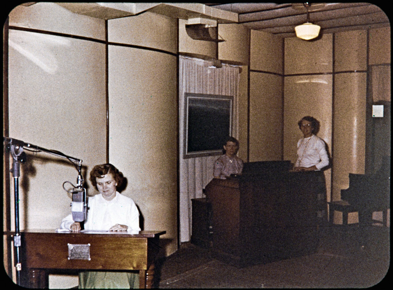 Image of Marjorie Saint in recording studio for HCJB, the missionary radio station based in Quito, Ecuador. After leaving Shell Mera in 1956, Marjorie worked for HCJB for several years.