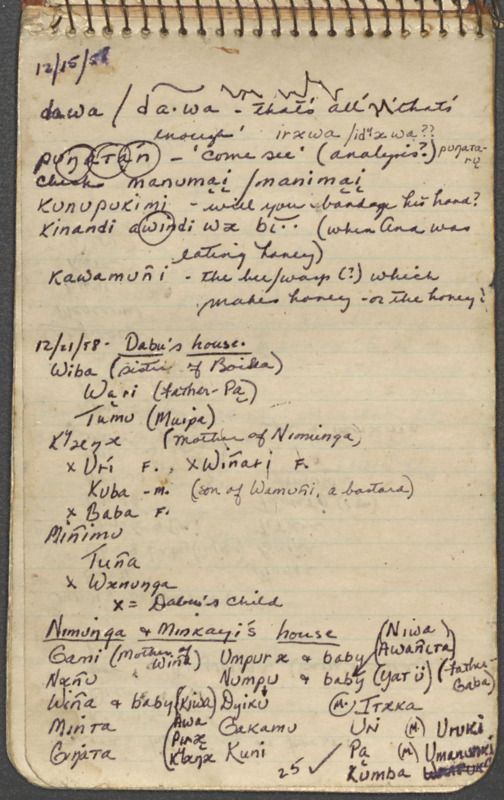 Two pages (25-26) of Elisabeth Elliot's Wao language notebook used during her first year with the Waorani. Along with language analysis, Elisabeth also included notes on households and relationships among the Waorani kinship group. This two page selection lists the Waorani in Tewæno by group, identifying Quemo and his wife Dawa as living in "Dyuwi's [Yowe] settlement."