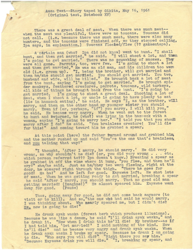Typed transcript of English translation of Waorani tales and legends taped by Gikita in Wao tededo, May 16, 1961. 
