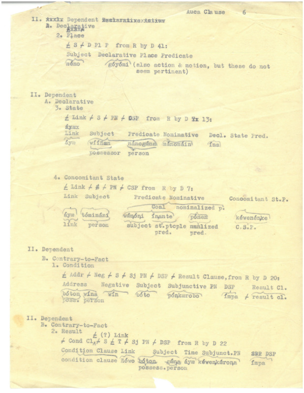 Two pages of notes on the structure of clauses in Wao tededo, c. 1955-1958. No author is identified, but much of the earliest language work on Wao tededo was completed by Rachel Saint, Mary Sargent, and Elisabeth Elliot through work with Dayuma and her two aunts, Mintaka (Mintaca) or Mankamo (Maengamo). 