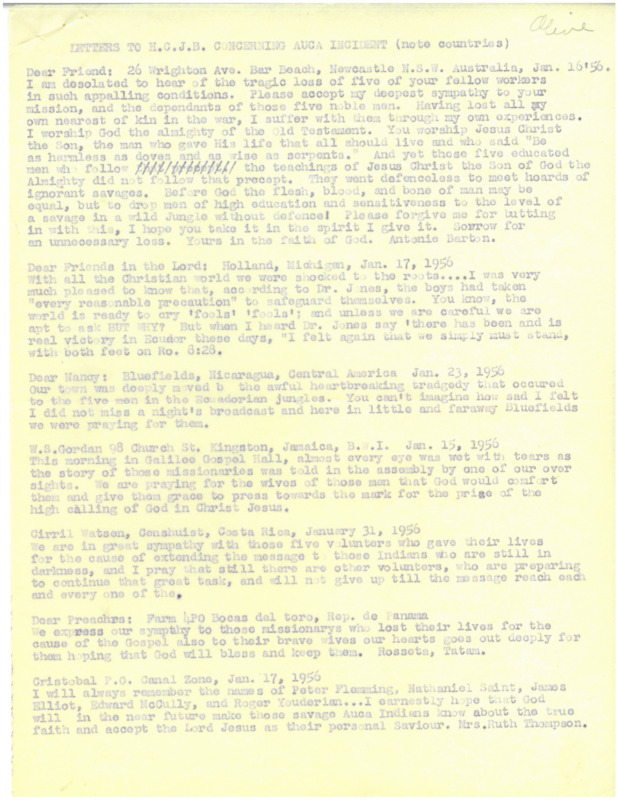 Four page typed document with title "Letters to HCJB Concerning Auca Incident," containing excerpts from listener response letters to HCJB's radio broadcasts concerning the death of the five missionaries over the course of January 1956. This copy was given to Olive Fleming Liefeld, wife of Peter Fleming.