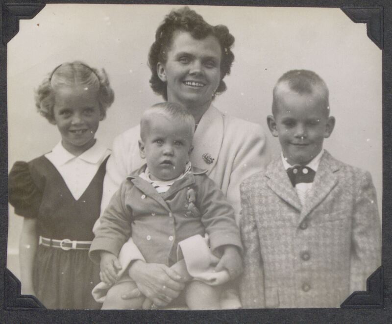 Marjorie Saint with her three children, Kathy, Steve, and Philip, c. 1955.