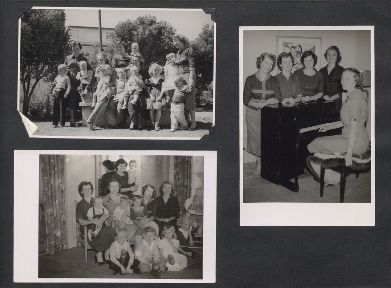 Page from photo album created by Olive Fleming Liefeld with three black and white photographs of the last meeting of all five widows (Elisabeth Elliot, Olive Fleming, Marilou McCullly, Marjorie Saint, and Barbara Youderian) in Quito, Ecuador, January 1957.