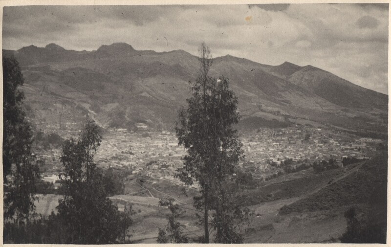 Image of the "Old City" of Quito, Ecuador from a distance, c. 1940-1950. Black and white photograph, 5x3.5 in.