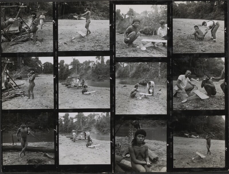 Proof sheet of black and white photographs, January 6, 1956. Photos, probably shot by Ed McCully, of the visit of Guiimadi (called Delilah by the men), Naenkiwi (called George by the men), and Mintaka (woman with no earplug) to the camp at Palm Beach. Also seen in the pictures are Nate Saint (light crew-cut hair), Roger Youderian (with some kind of belt over his shoulder), Peter Fleming (glasses), and Jim Elliot (in shorts). Paper, 13" x 10", with the individual 3" x 3" images.