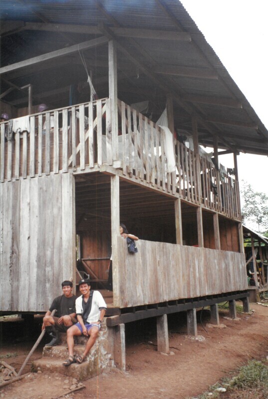 Color photograph of Bible School Institute in the Waorani village of Damointaro, developed by Renaldo Bernal and Plymouth Brethren missionary Lloyd Rogers in 2001. Photograph taken during Ken Fleming's 2006 anniversary visit to Ecuador. A former missionary to Africa, Ken Fleming was the brother of Peter Fleming.
