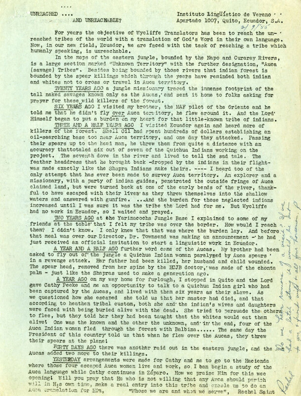 Typed newsletter from Rachel Saint, February 1955, with handwritten note to Dr. V. Raymond Edman. Letter traces the history of missionary outreach to the Waorani and the current efforts of Saint and the Summer Institute of Linguistics to study the Waorani language in hopes of future contact.