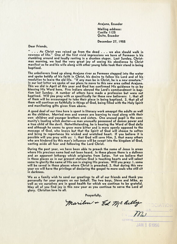 Prayer letter sent by Ed and Marilou McCully to the supporters of their ministry, detailing their literacy work with the Quichua near Arajuno, December 1955. Most missionaries sent prayer letters out regularly, sometimes monthly.