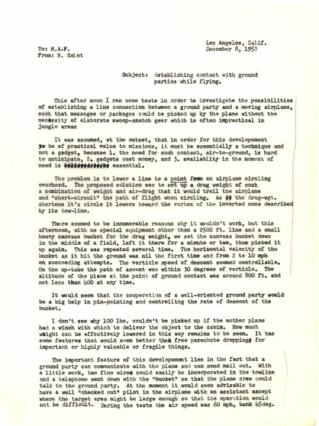 Letter from Nate Saint to MAF central office about his experiments with a new method for establishing contact with the ground while flying using what he called a "bucket drop," December 1952.