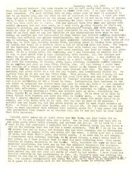 Letter from Elisabeth Elliot to her mother describing the imminent plans to contact the Waorani and the need for discretion, along with family news about Jim and their daughter Valerie, December 13, 1955. 