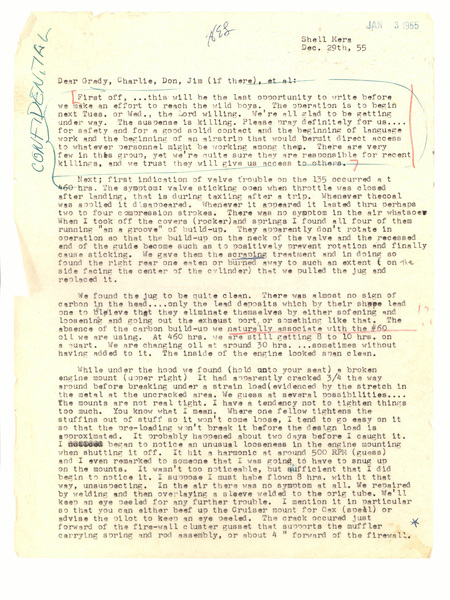 Letter from Nate Saint to Mission Aviation Fellowship co-workers, December 1955. Letter opens with news about his imminent plans to contact the Waorani, along with several paragraphs of technical details on a recent test flight.