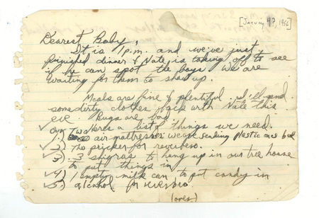 Note from Ed McCully to his wife Marilou. Ed describes their camp on Palm Beach, their anticipation of contact with the Waorani, and gives a list of needed supplies. Paper, 6" x 4-1/4", on lined notebook pages and written in black ink. January 4?, 1956.