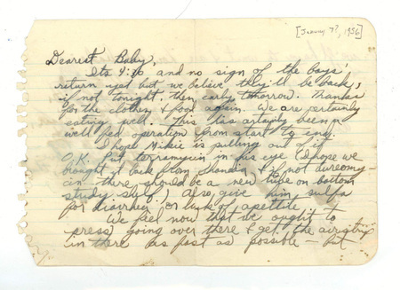 Note from Ed McCully to his wife Marilou. Ed writes of waiting of return of Nate Saint from supply trip and future plans for developing an airstrip near the Waorani settlement. Much of the back of the note is obscured by ink spots and smudges. Paper, 6" x 4-1/4", on lined notebook pages and written in black ink. January 7?, 1956.