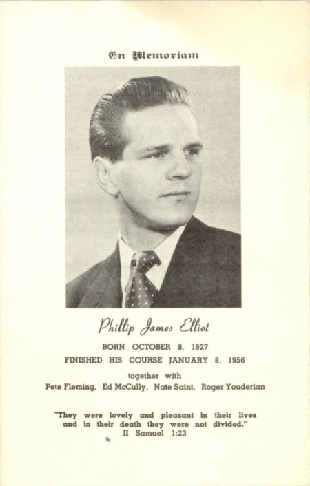 Program for the memorial service for Jim Elliot, probably held in his home congregation in Portland, Oregon, c. January 1956. Paper, 8" x 12-1/4" sheet folded into a four page printed program.